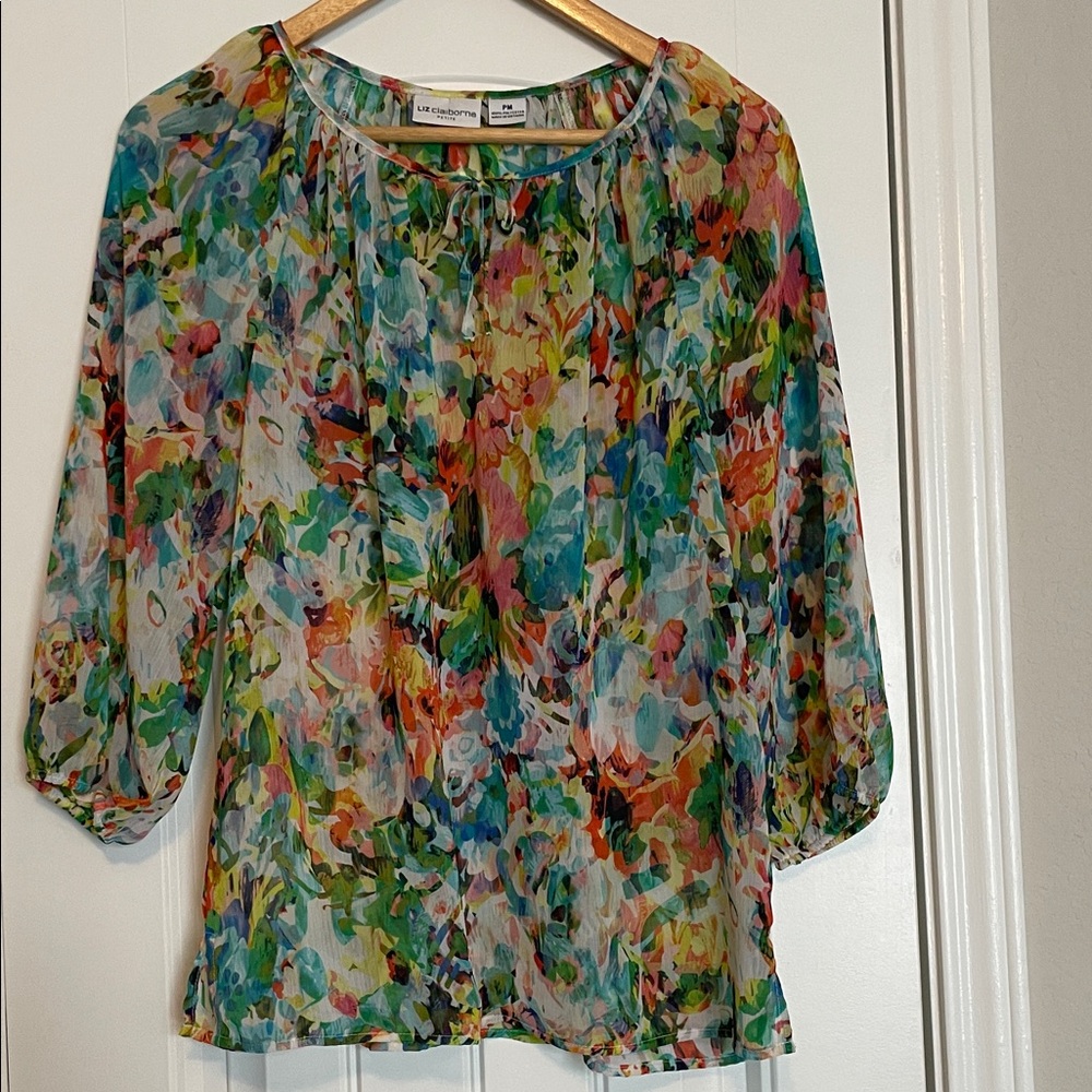 Liz Claiborne Colorful Sheer Floral Blouse.   Size MP